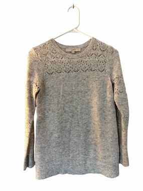 LOFT Petite Gray Lace Knit Crewneck Sweater XSP